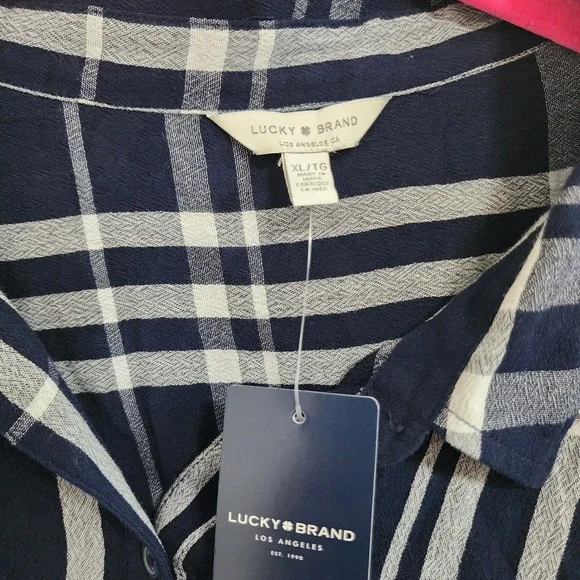 Lucky Brand Plaid Shirt Womens XL Long Sleeve Button Down Tie Front Navy - Picture 4 of 6